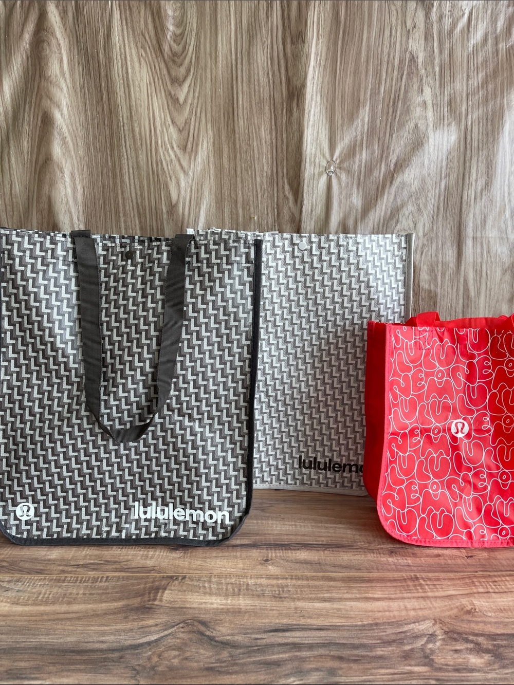 lululemon athletica Patterned Gray & Red Tote Bags